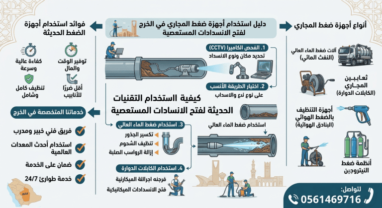 أجهزة ضغط المجاري بالخرج وكيفية استخدام التقنيات الحديثة لفتح الانسدادات المستعصية 0561469716